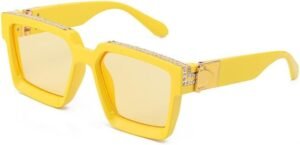 Yellow Oversized Square Sunglasses – Rhinestone Embellished