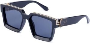 Oversized Square Sunglasses Black Frame Blue Lens