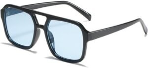 Unisex Oversized Square Sunglasses - Black Frame, Blue Lens
