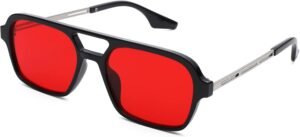 Rectangle Unisex Sunglasses Black Frame Red Lens