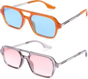 2-Pack Square Sunglasses Unisex – Orange/Blue, Gray/Pink