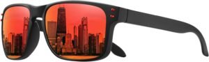 Black Rectangle Sunglasses – Red Mirrored Lens