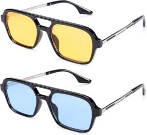 2-Pack Rectangle Sunglasses Black Frame Yellow Blue Lenses