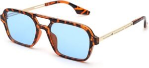 Tortoise Square Sunglasses – Blue Lens, Gold Temples