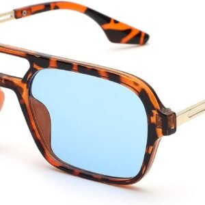 Tortoise Square Sunglasses – Blue Lens, Gold Temples