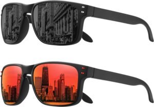 2-Pack Rectangle Sunglasses - Black Frame, Red Mirror