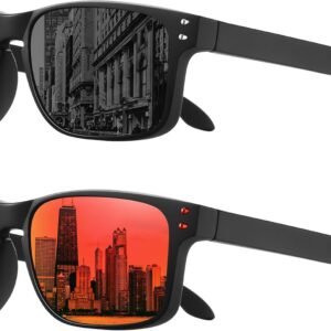 2-Pack Rectangle Sunglasses - Black Frame, Red Mirror