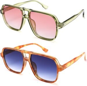 2-Pack Aviator Sunglasses Green Pink, Amber Blue