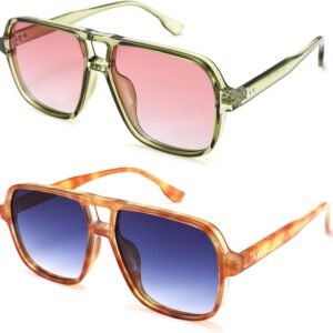 2-Pack Aviator Sunglasses Green Pink, Amber Blue
