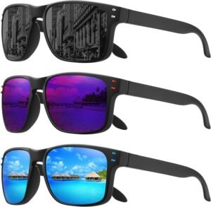 3-Pack Rectangle Sunglasses - Black Frame, Mirrored