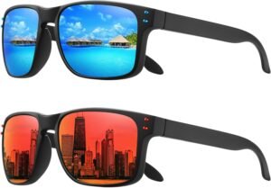 2-Pack Rectangle Sunglasses Black Frame Blue & Red Mirrored