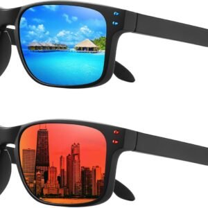 2-Pack Rectangle Sunglasses Black Frame Blue & Red Mirrored