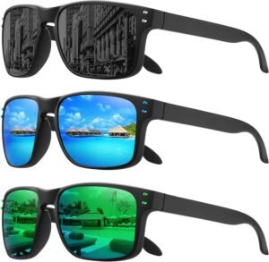 3-Pack Rectangle Sunglasses - Black Frame, Assorted Mirror