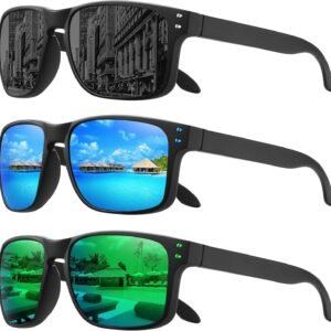 3-Pack Rectangle Sunglasses - Black Frame, Assorted Mirror