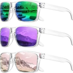 3-Pack Rectangle Sunglasses – Clear Frame, Mirrored Lenses