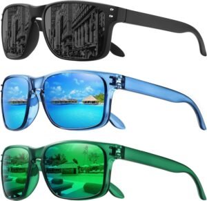 3-Pack Rectangle Sunglasses Unisex Black Blue Green Mirrored