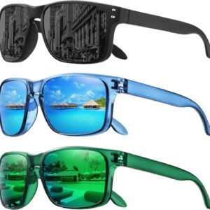 3-Pack Rectangle Sunglasses Unisex Black Blue Green Mirrored